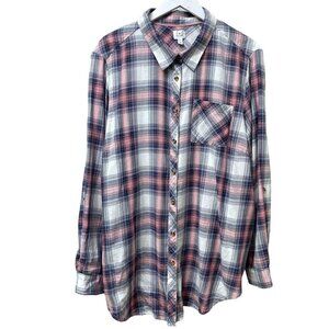 DRESSBARN Plaid Shirt Plus Size 3X Cotton Blue Pink Long Sleeve Button Up NWT